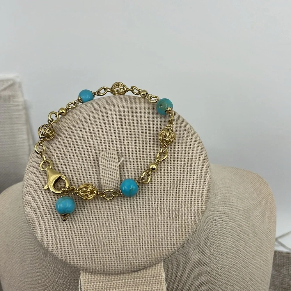 💙 Technibond 18kt Gold & Sterling Silver Turquoise Bracelet - Picture 9 of 13